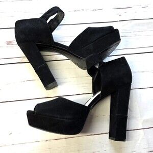 ALICE + OLIVIA Parker Suede Black Platform Chunky Heels Ankle Strap 39 9